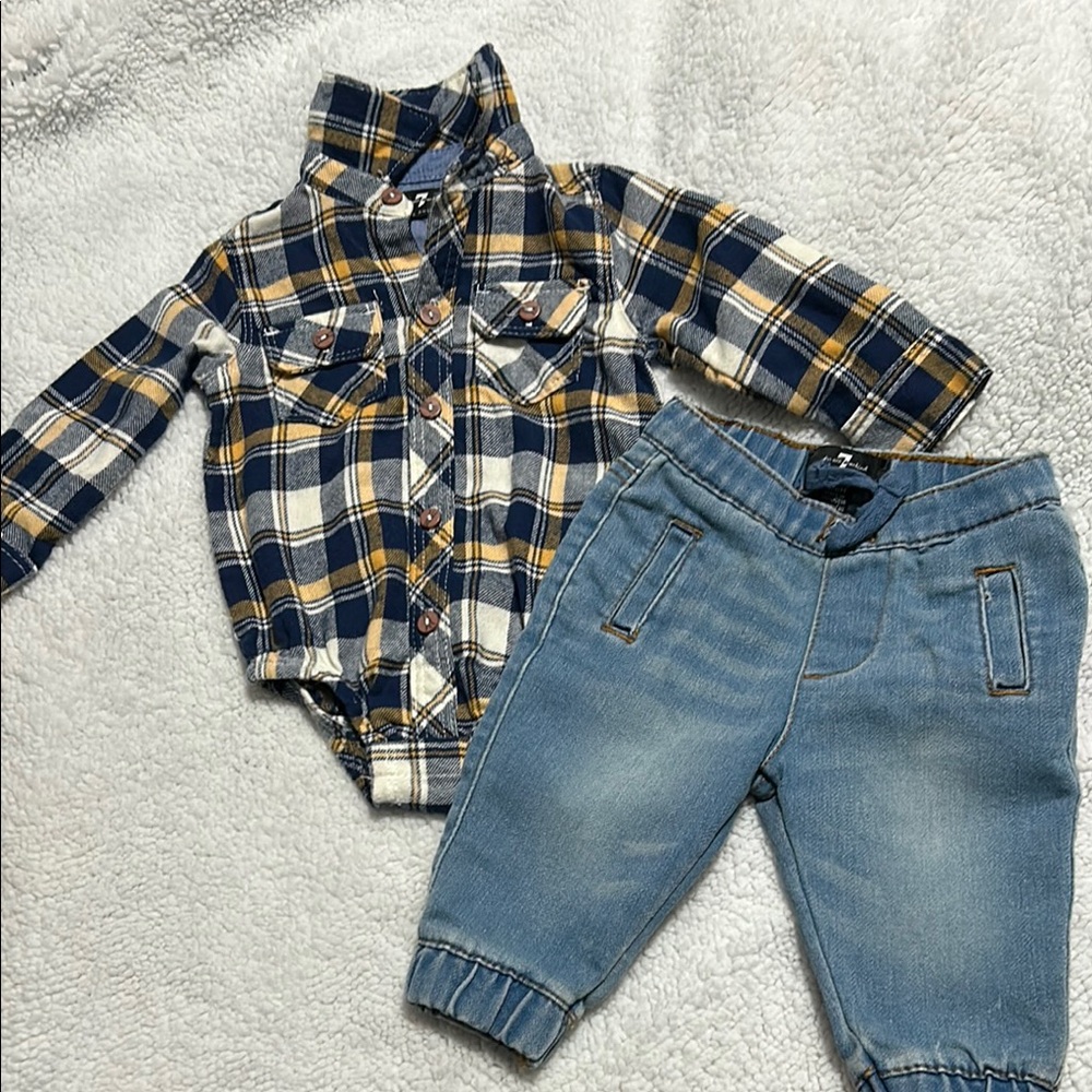 Plaid Shirt and Denim Pants Set